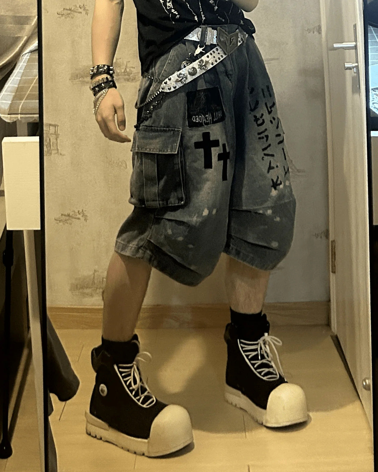 "NOCTURNAL" GOTHIC WASHED DENIM SHORTS