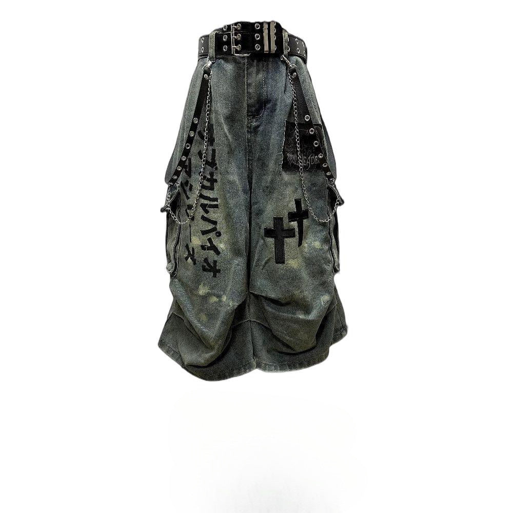 "NOCTURNAL" GOTHIC WASHED DENIM SHORTS
