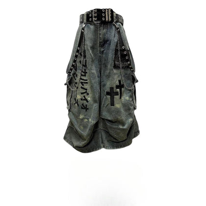 "NOCTURNAL" GOTHIC WASHED DENIM SHORTS