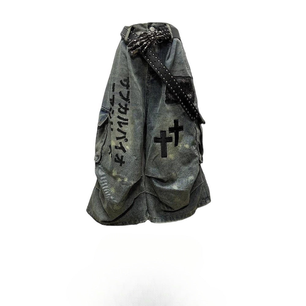 "NOCTURNAL" GOTHIC WASHED DENIM SHORTS
