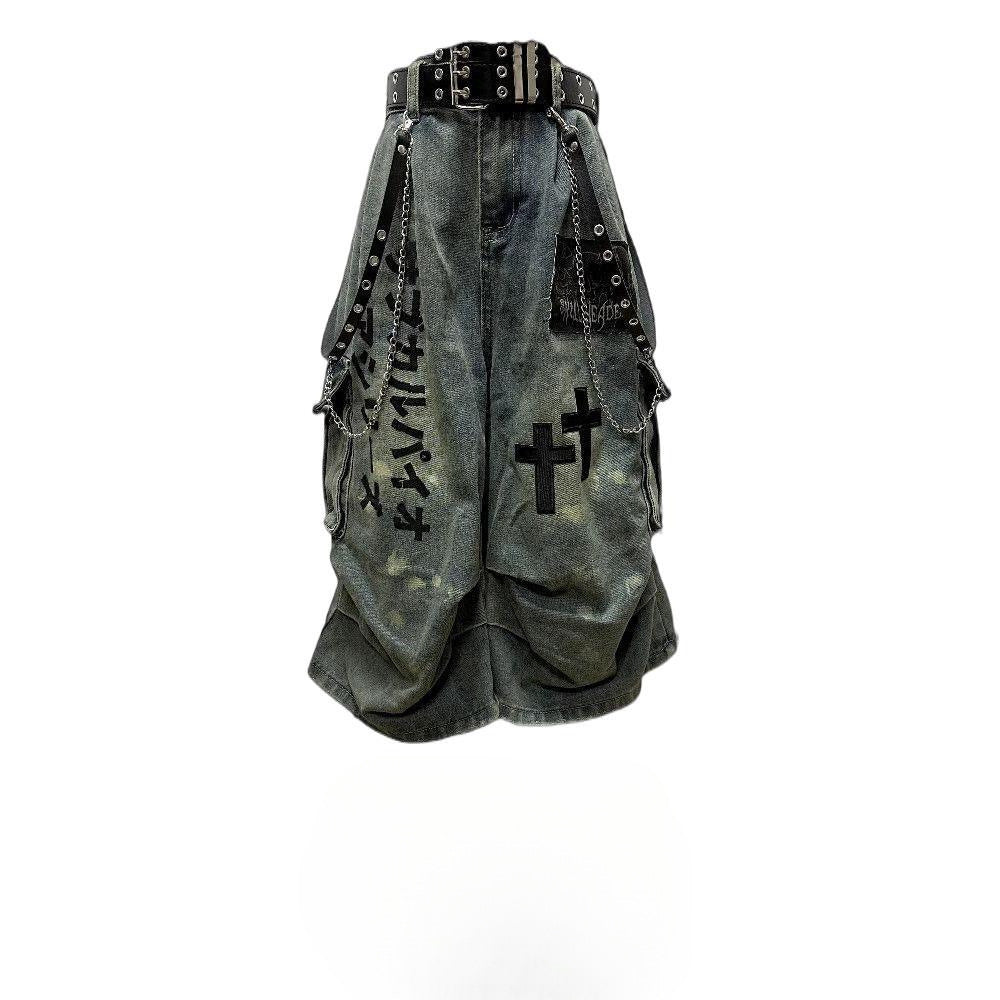 "NOCTURNAL" GOTHIC WASHED DENIM SHORTS