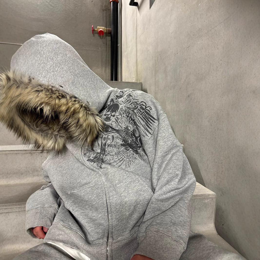 "LION" HOODED FUR COLLAR HOODIE