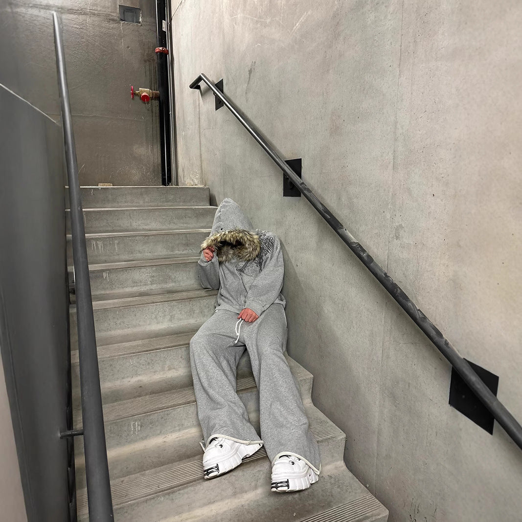 "LION" HOODED FUR COLLAR HOODIE