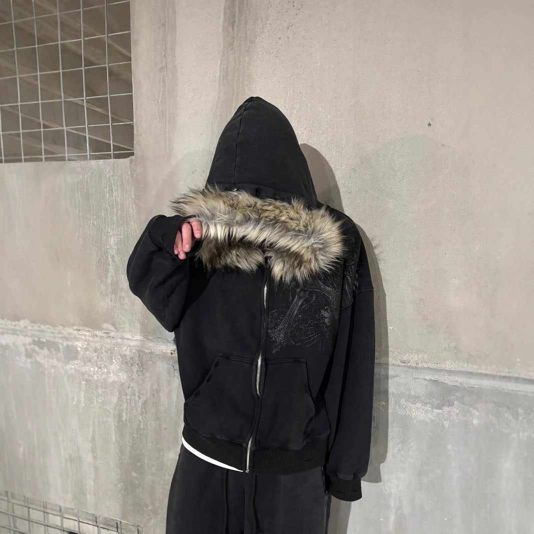 "LION" HOODED FUR COLLAR HOODIE